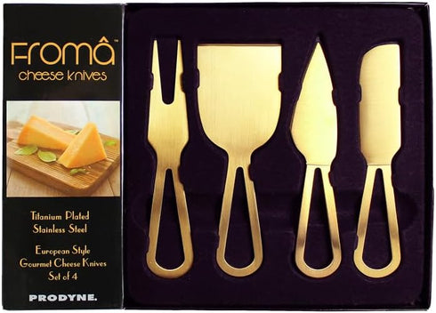 Prodyne Set of 4 Cheese Knives Set, Titanium Plated Stainless Steel Knives, Gold Metal Color...
