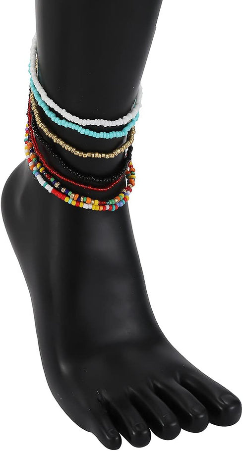 Pingyongchang Boho Handmade Beads African Anklets Set Layered Beach Colorful Stretch Beaded Elastic Foot Hand Chain Anklets Bracelets for Women Je...