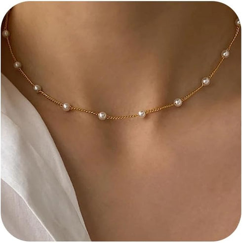 Gold Pearl Necklaces for Women: Dainty Pearl Pendant Necklace Simple 18K Gold Plated Pearl Choker Necklaces Trendy Pearl Jewelry for Women...