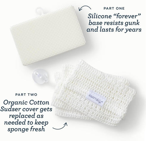 Esembly GoTwo Sudser Set - Dishwashing Kitchen Scrubber and Cleaning Sponge, Long Lasting Silicone Base with Compostable Cotton Mesh Covers...