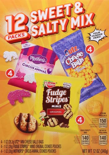 Keebler Sweet & Salty Mix, Keebler Fudge Stripes, Mother's Circus Animals, Utz Mini Cheese Balls, 1 Oz. (Pack of 12)...