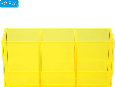 PATIKIL 3 Compartments Clear Acrylic Pen Holder, 2 Pack Pencil Holder Pen Organizer Pencil Cup Makeup Brush Holder Square for Countertop Desk, Yel...