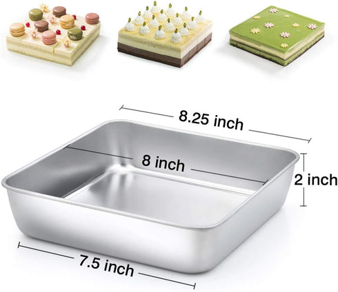 TeamFar 8 Inch Square Baking Pan, Square Cake Brownie Pan Stainless Steel for Wedding Christmas Party, Healthy & Non Toxic, Sturdy & Brushed Surfa...