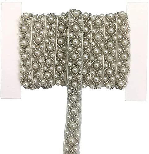 FQTANJU 2 Yards 1cm Pearl Beaded Trim Bridal Lace Ribbon Trimming Edge Straps for Wedding Dress Sewing Crystal Rhinestone Applique Craft DIY Decor...