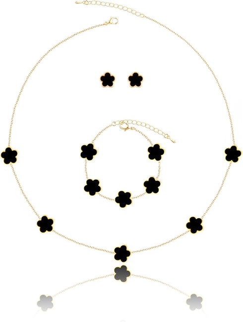 Four Leaf Clover Necklace Bracelet and Stud Earrings Set for Women Lucky Flower 14K Gold Jewelry...