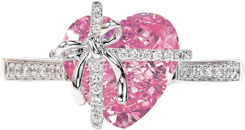 Dainty Cute 925 Silver Pink Heart Shaped Zircon Ring Bow Tie Ring for Women Anniversary Wedding Engagement Ring Promise Rings CZ Diamond Eternity ...