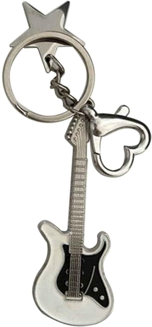 Guitar Keychain, Metal Bass Guitar Pendant Key Chain with Mini Pentagram and Heart, Fashionable Unisex Guitar Star Keychain, Y2K Unique Keychain f...