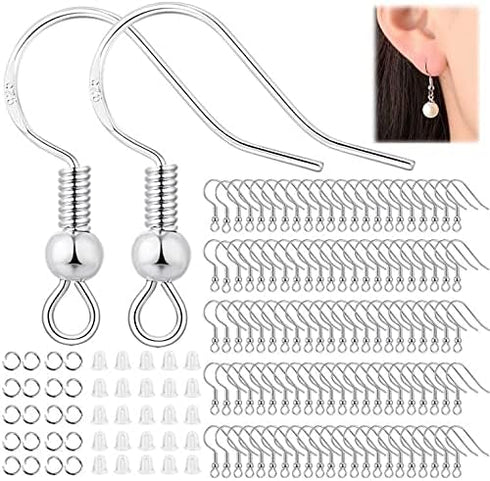 Hypoallergenic Earring Hooks,300 PCS Earring Making Kit, Silver Earring Hooks for Jewelry Making(100 Earring Fish Hooks,100 Earring Backs Rubber,1...