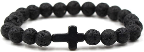 2Pcs Lava Rock Stone Beaded Bracelet, Cross Charm Natural Volcanic Stone beads Turquoise Stretch Bracelet for Women Men Religion Jewelry Pray Bapt...