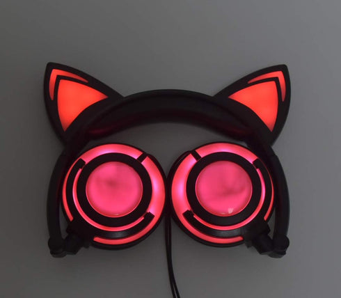 Kids Headphones with Cat Ears, LED Light Chargeable Earphones for Kids Teens Adults, Compatible for iPad, Tablet, Computer, Mobile Phone (Black&Pi...