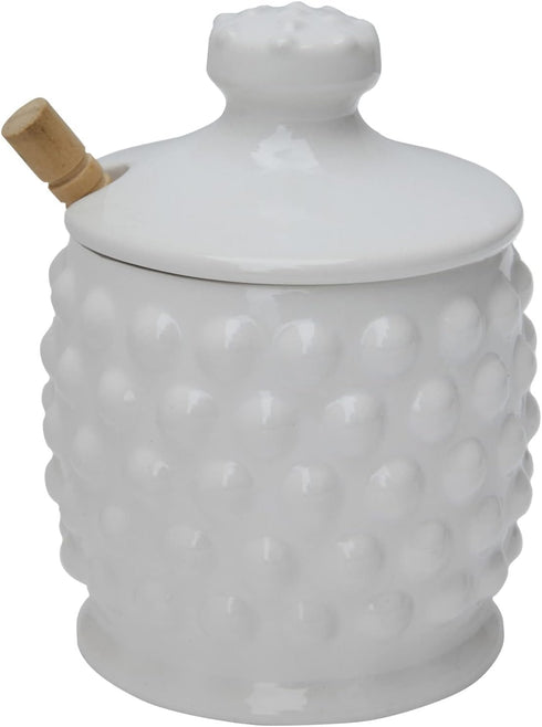 Creative Co-Op White Ceramic Hobnail Style Honey Jar with Lid & Wood Dipper...