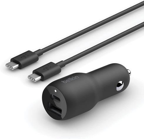 Belkin 37W Dual Port Fast Car Charger with 3.3ft USB-C Cable Included, USB-C 25W PPS Port and USB-A 12W Port for Galaxy S23, S23+, Ultra, Note20, ...