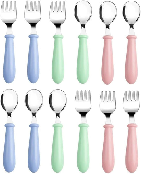 Pimoys 12 Pieces Toddler Utensils Kids Silverware Set Baby Forks and Spoons, Stainless Steel Childrens Safe Cutlery with Round Handle for Self Fee...