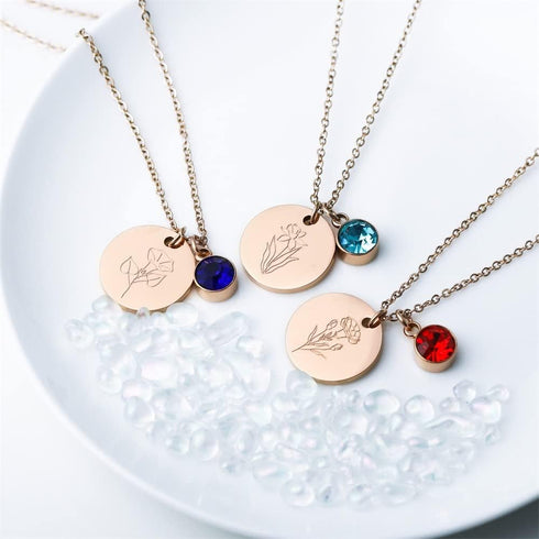 Birth Flower Necklace, Rose Gold Floral Pendant Necklaces, Dainty Birth Month Flower Disc Charm Hand Stamped Flower Disk Necklace...
