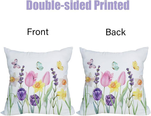 2 Pack Waterproof Spring Floral Pillow Covers 16x16 Inch Pink Tulip Flower Lavender Butterfly Throw Pillow Covers Outdoor Spring Summer Farmhouse ...