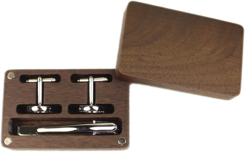 Rustic Black Walnut Wooden Round Cufflinks Tie Clips With Organizer Box for Men...