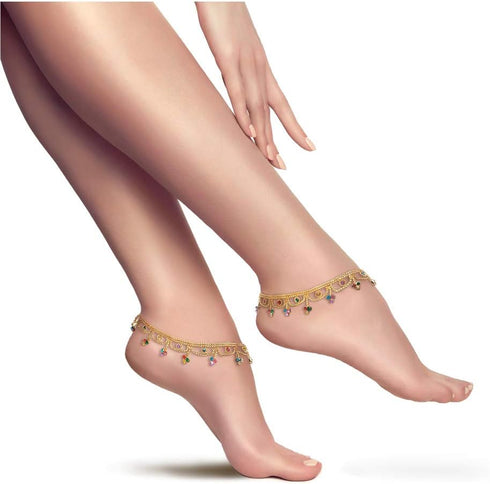 Indian Gold Tone Bells Anklet Chain Payal Set For Women in Multicolor Rhinestone Crystal Zircon For Beach Party Gift...