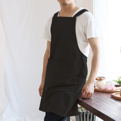 NEWGEM Japanese Linen Cross Back Kitchen Cooking Aprons for Men with Pockets for Baking Painting Gardening Cleaning Black...