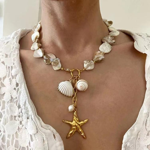 Irregular Pearl Choker for Women Summer Beach Shell Necklace Boho Conch Starfish Pendent Natural Freshwater Pearl Statement Necklace for Women...