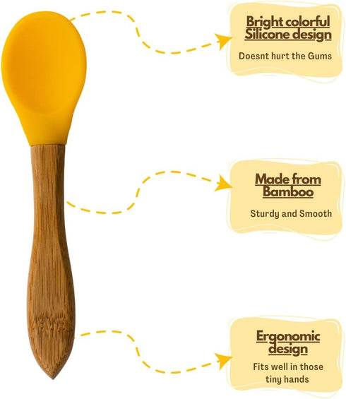 Baby Spoons Bamboo Feeding Spoon 5.5" with Silicone Tip BPA Free Toddler Food Spoons Yellow 2 PACK...