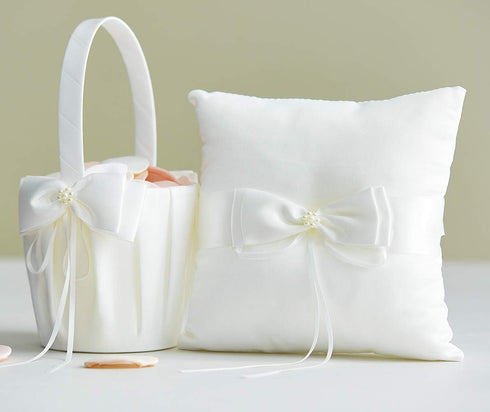 Wedding Flower Girl Basket and Ring Bearer Pillow Set, Simple Bow Pearl Collection - Ivory...