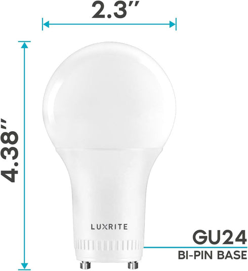 LUXRITE A19 LED GU24 Light Bulb, 60W Equivalent, 2700K Warm White, Enclosed Fixture Rated, 800 Lumens, Dimmable Twist Lock Light Bulbs, Damp Rated...