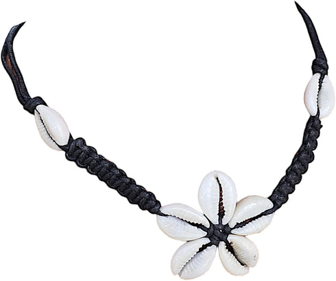 BlueRica Braided Black Cord Choker Necklace with Cowrie Shell Flower Pendant...