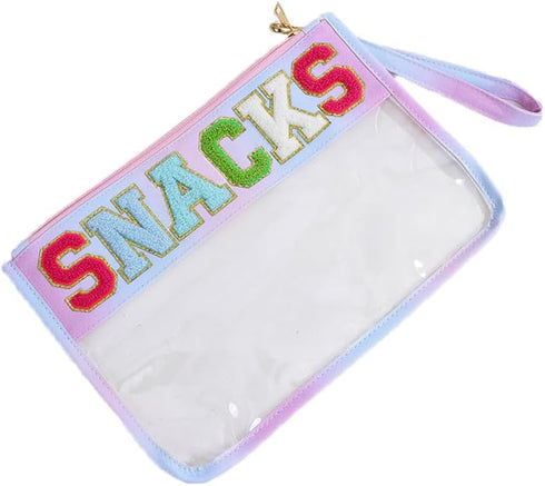 Women Chenille Letter makeup Bags PVC Transparent Cosmetic Case Waterproof Beach Sunscreen Bag Portable Travel Snack Zipper Pouches (SNACKS)...