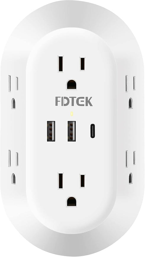 USB Wall Charger, FDTEK Surge Protector 6 Outlet Power Strip Multi Plug Outlet with USB-C Charging Ports, 3-Sided Outlet Splitter Wall Plug Adapte...