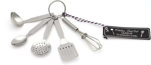 Mini Stainless Steel Kitchen Tool Set with Keychain(3.5"),Set of 5,Includes Whisk, Spatula, Spoon, Skimmer,Soup ladle...