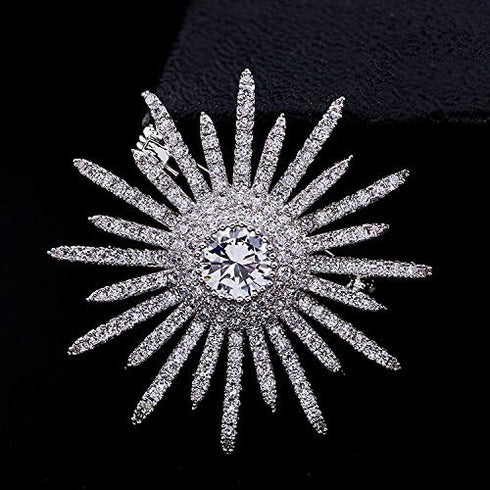 Sparkling Silver Tone Micro Pave Round Shaped Burst Star Brooches Collar Lapel Pins Atomic Jewelry...