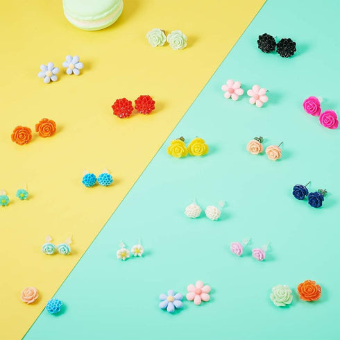 SUNNYCLUE 1 Box DIY 16 Pairs Flower Cabochons Resin Rose Flatbacks Valentine's Day Earrings Making Kit Rose Beads Love Valentine Flower 3D Flat Ba...