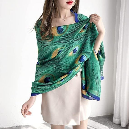 Fashion Women Silk Scarf Long Large Peacock Feather Print Wrap Shawl Scarves Headscarf...