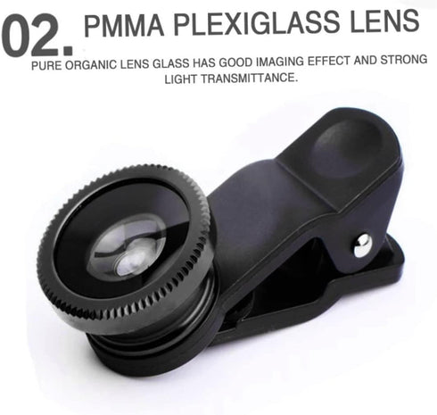 1Pc Black Fisheye Lens iPhone 3 in 1 Wide Angle Fish Eye Macro Lenses Clip-on Universal Lens Phone Lens Kit for Photo and Video Accessories with M...
