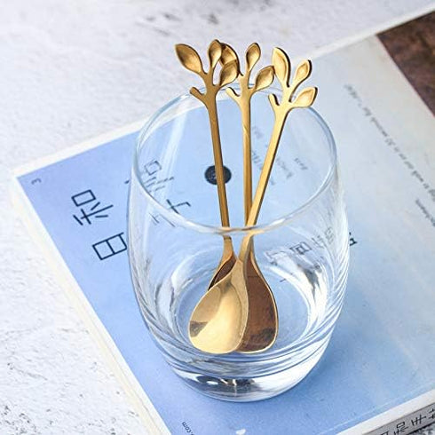 2 Pack Stainless Steel Leaf Coffee Spoon Tableware Dessert Spoons, Stirring, Mixing, Sugar, Stir, Ice Cream, Cake, Teaspoon 4.7 inch Gold...