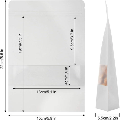 Blisstime 50 Pieces Resealable Bags for Small Business, White Kraft Paper Stand Up Pouches with Matte Window Reusable Heat Sealable Bags for Packa...