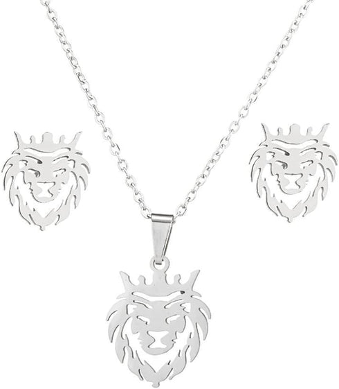 Hollow Crown Lion King Earrings Pendant Necklace Set for Men Women Stainless Steel Lion Head Necklace Jewelry...