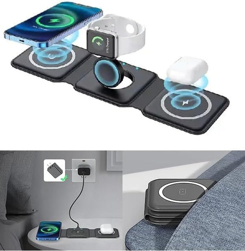 Wireless Charger Station, 3 x 1 Magnetic Foldable Charging Station, Compatible with iPhone 15/14/13/12 Series, iwatch, Airpods Pro, Wireless Charg...