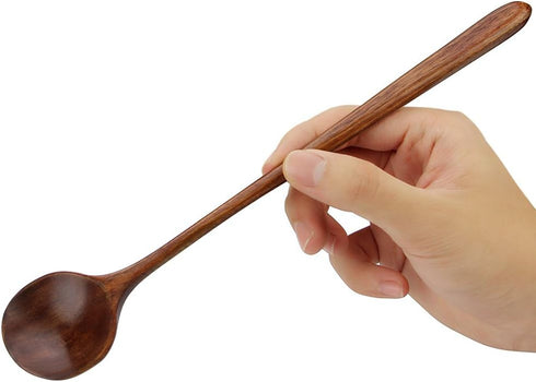 Long Spoons Wooden, 5 Pieces Korean Style 10.9 inches 100% Natural Wood Long Handle Round Spoons for Soup Mixing Stirrer Kitchen Tools Utensils, F...