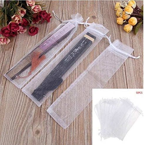 50PCS Drawstring Organza Folding Hand Fan Pouch Party Wedding Favor Bags (White)...