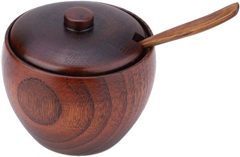 Raguso Solid Wood Jar,1pc Seasoning Pot Salt Sugar Chili Storage Bowl With Spoon And Lid Kitchen Tool Home Restaurant Food Shop Foodstoragecontain...