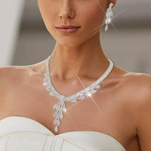 Women's Bridal Jewelry Rhinestone Necklace Set Earrings for Women Prom Silver Pendant Leaf Bridal Layered European-Style for Bride Bridesmaids Gir...