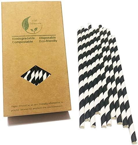 Black Striped Paper Straws, Colorful Stripes Paper Drinking Straws 100 Pack (Black Stripes), Durable & Biodegradable Drinking Straws...
