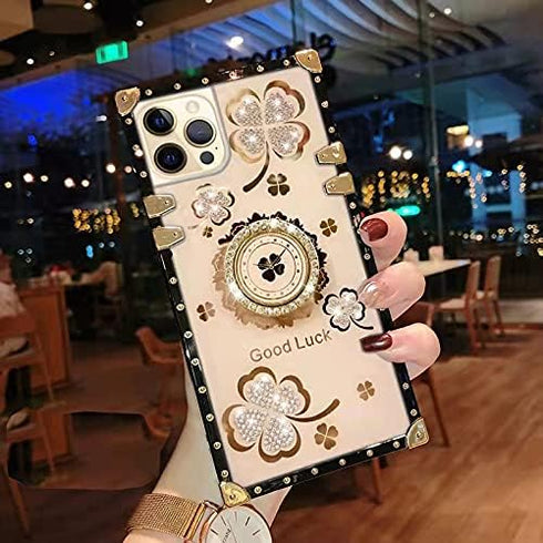 for Samsung Galaxy S21 Ultra Bling Case Fashion Square Bling Diamond Glitter Soft Trunk Cover with Ring Holder Kickstand Phone Skin,Gold...