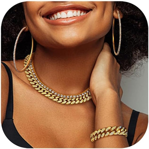 FINREZIO Cuban Link Chain Set for Women Silver Gold Thick Cuban Chain Necklace Bracelet Rhinestone Earrings Bling Clustered Heart Round Cuban Link...