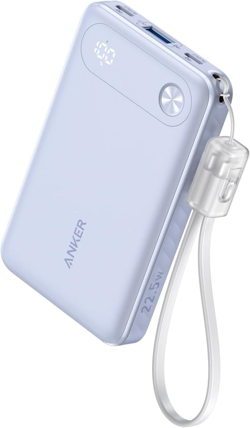 Anker Power Bank, 10,000mAh Portable Charger with Built-in USB-C Cable and Lanyard, 22.5W Max Output with 2 USB-C and 1 USB-A Port, Battery Pack f...