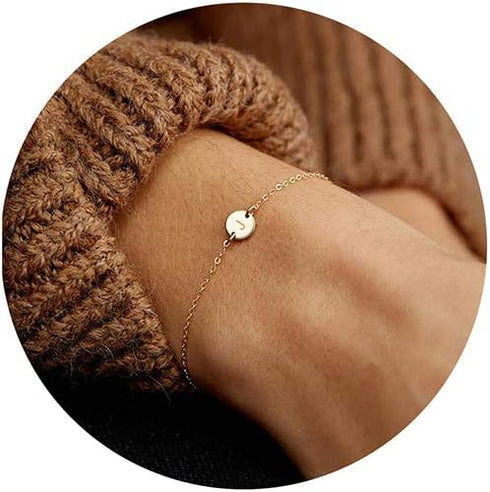 Personalized Initial Bracelet, 18K Gold Plated Stainless Steel Letter Bracelet Dainty Coin Charm Bracelet Delicate Disc Name Bracelet for Women...