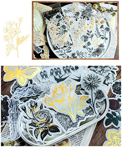 Vintage Zen Botany Flower Washi Sticker Pack, Artsy Natural Black-and-White Plants with Golden Sketch Decals Collection, Wild Plants Gray and Gold...