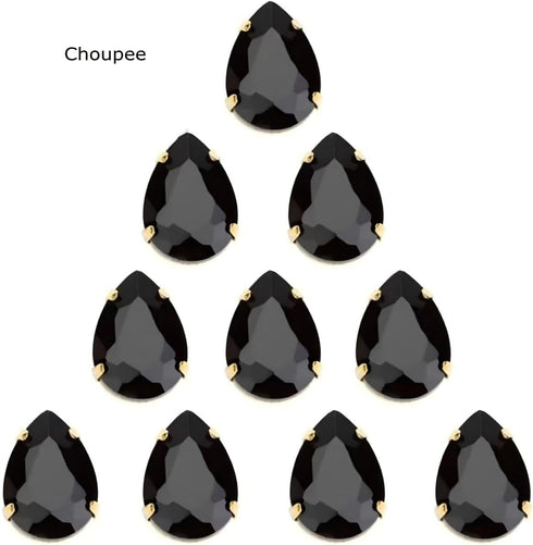 Choupee Sew On Rhinestone Tear Drop Crystal Rhinestones in Gold Setting 48 Pcs (Black, 13 X 18 MM)...
