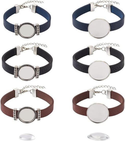 FASHEWELRY 14Pcs PU Leather Cord Bracelet Bezel Tray Blank Flat Round Cabochon Settings Bezel Tray Watch Bands Base Tray Bracelet Blanks with Glas...